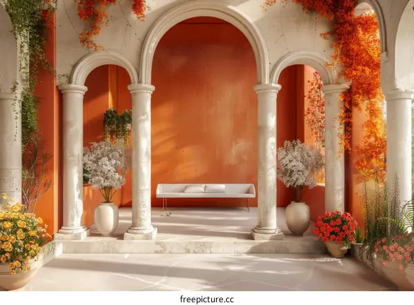 An Ornate Ancient Courtyard with Vibrant Flowers