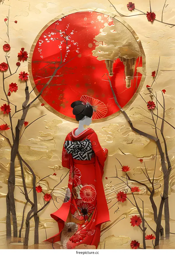 Geisha in Red Kimono Standing in Front of Red Sun