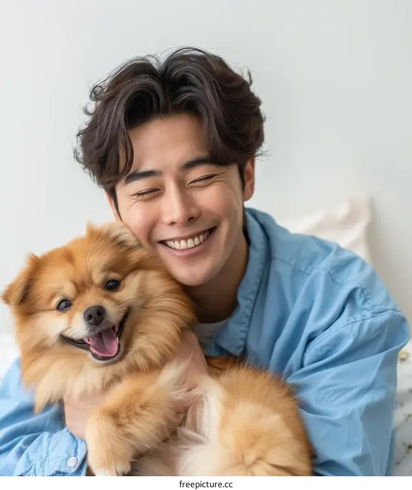 A smiling Asian man hugging a Pomeranian dog