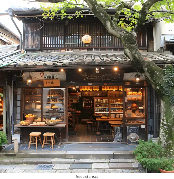 Traditional Japanese Bakery Store with Open Front and Wooden Stools