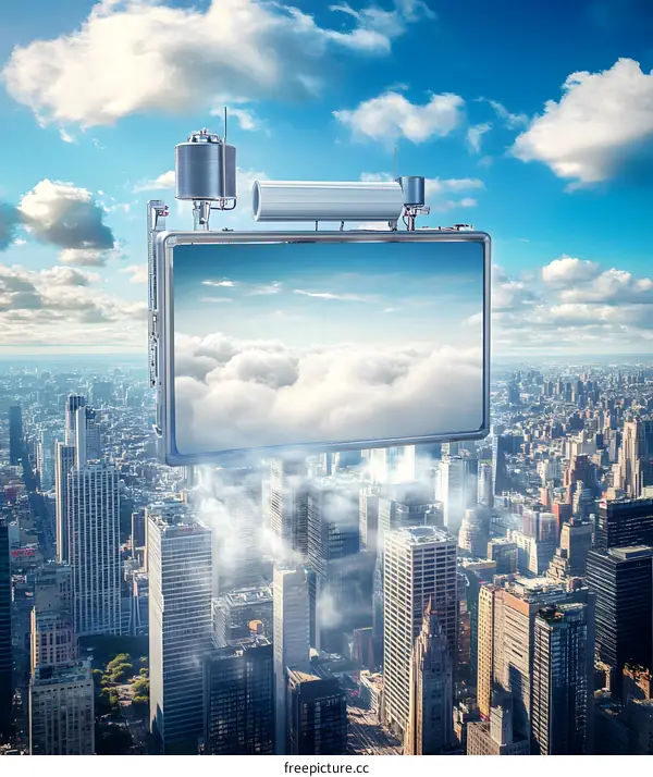 Flying Television Above Cityscape With Clouds