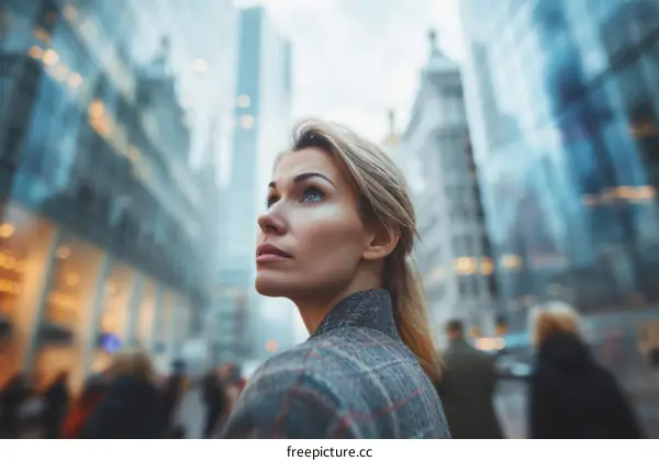 A blonde woman in a gray coat looking up at a tall building