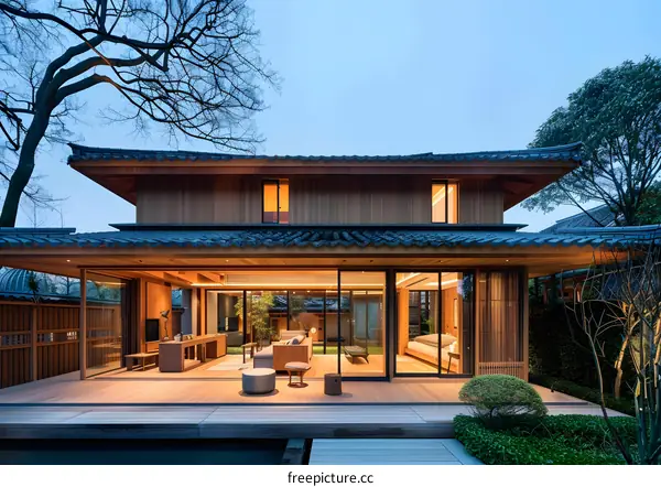 Modern Japanese Style House With Large Windows and Wooden Deck