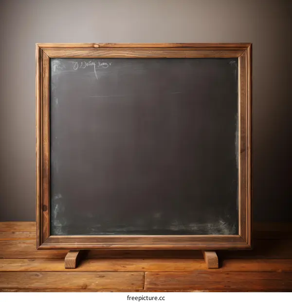 Blackboard with wooden frame on wooden table against brown background