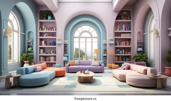 A pastel colored living room with a large window and bookshelves