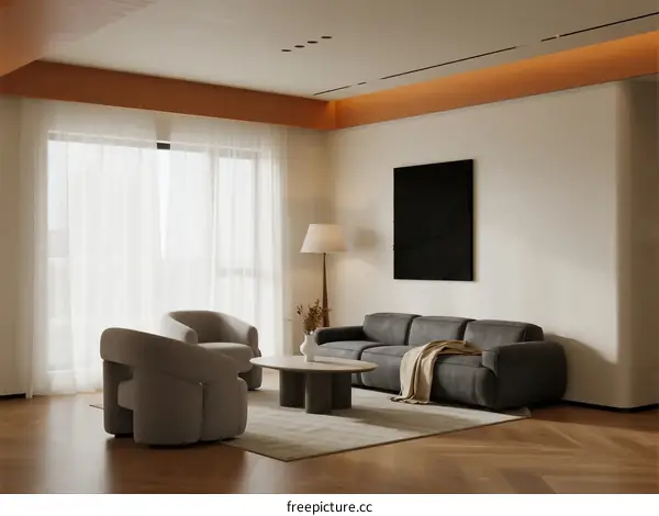 Modern living room with gray sofa and comfortable armchairs