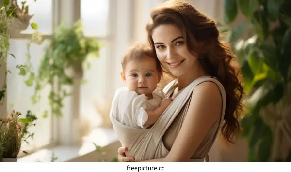 A Beautiful Young Mother Tenderly Embraces Her Newborn in a Cozy Sling