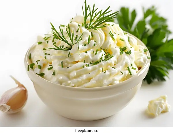 A bowl of sour cream with chives and parsley