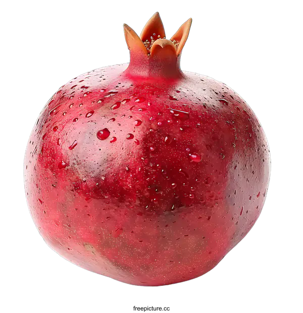 [Transparent Background PNG]A red pomegranate with water drops on a white background.