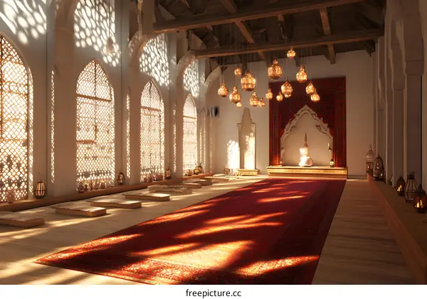 Interior Design of a Traditional Islamic Mosque with Red Carpet and Lanterns
