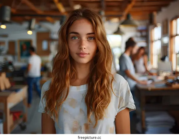 Young Woman with Freckles and Long Red Hair Looking at Camera in a Creative Studio