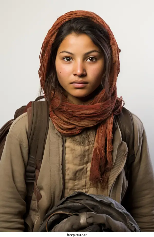 Portrait of a young woman wearing a brown scarf