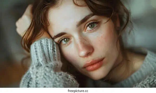 Portrait of a young woman with freckles and green eyes