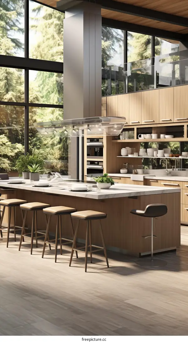 Modern kitchen interior design with large windows and wooden elements