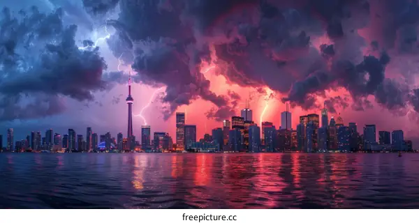 A Beautiful Cityscape of Toronto, Canada During a Thunderstorm