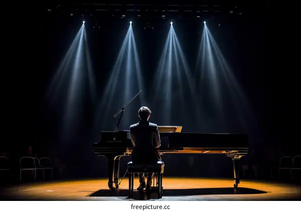 Man playing piano on stage with spotlights