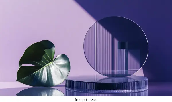 Purple Aesthetic Still Life with Monstera Leaf and Glass Display