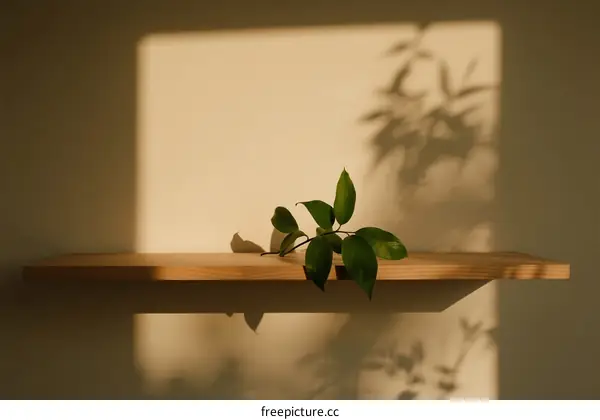 A wooden shelf with green plant leaves under sunlight