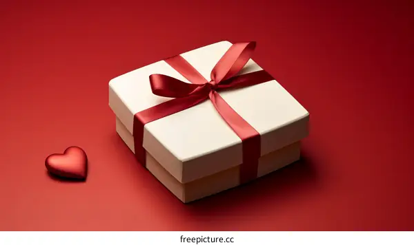 A red and white gift box with a red ribbon and a red heart on a red background