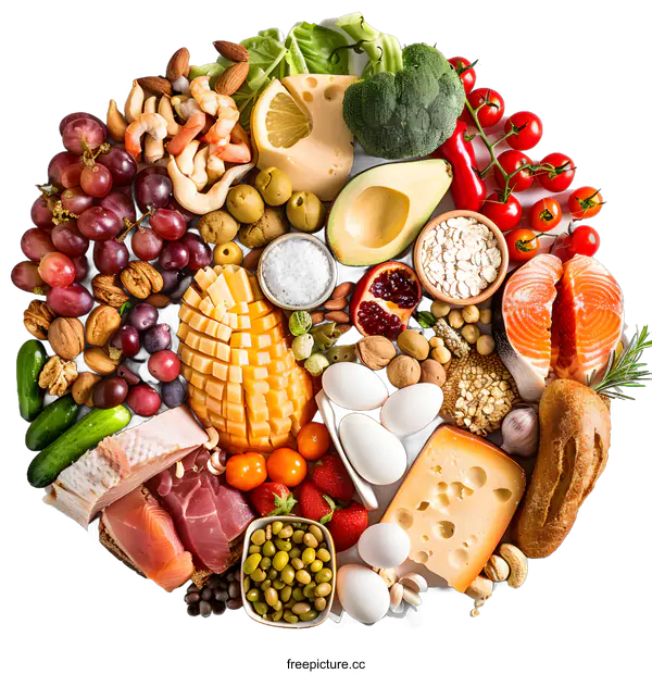 [Transparent Background PNG]Healthy Food Circle: Balanced Diet of Fruits, Vegetables, Proteins, and Grains