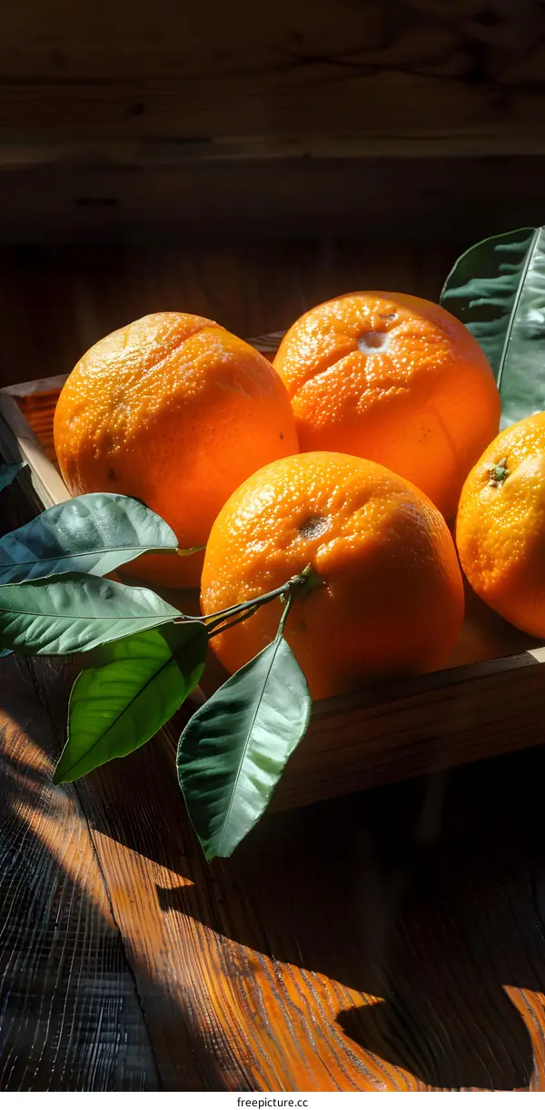 Fresh Ripe Oranges With Green Leaves In Wooden Box