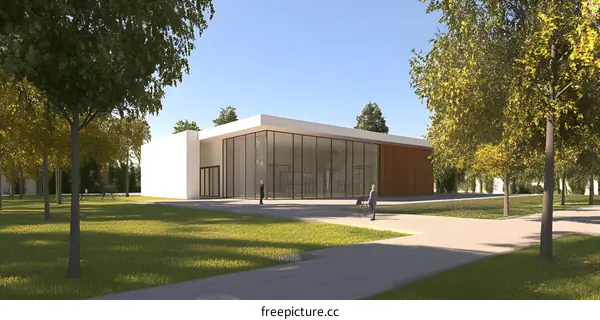 Modern Architectural Design of a Glass Building with People Walking in the Surrounding Garden