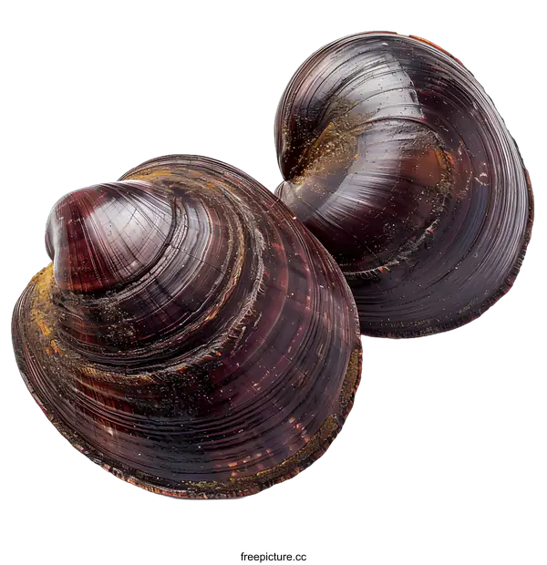 [Transparent Background PNG]Two dark purple clams with visible growth rings on a white background