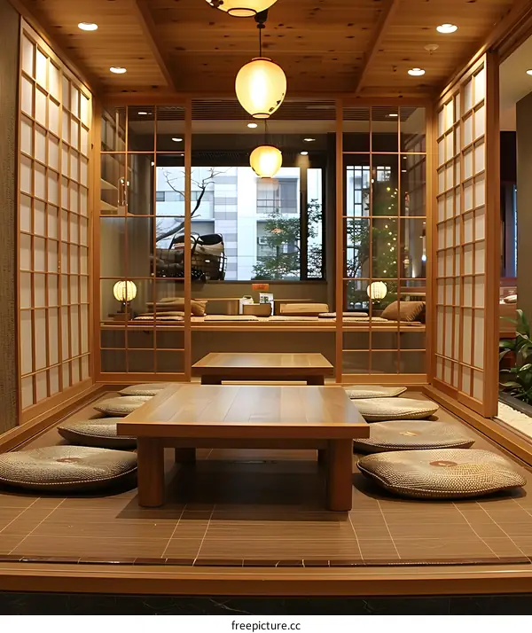 A traditional Japanese tatami room with a low table and zabuton cushions for seating