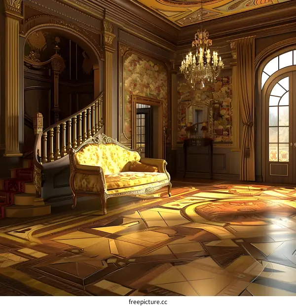 Elegant Golden Interior Design With A Yellow Sofa