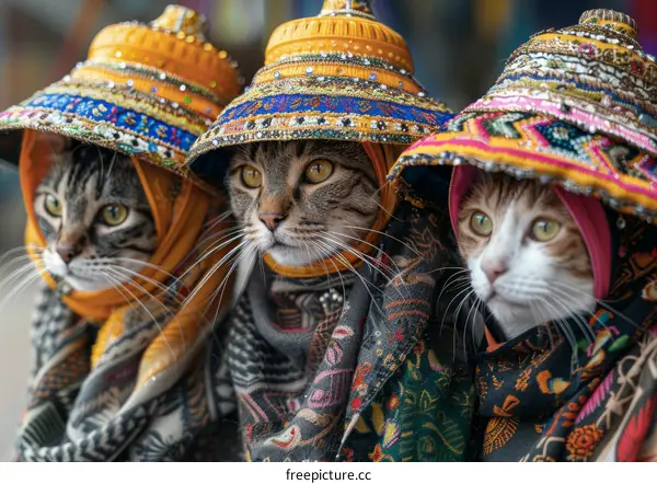 Three Cats Adorned in Hats and Scarves