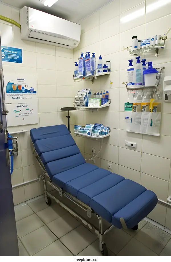 Medical Room with Examination Table and Shelves of Supplies