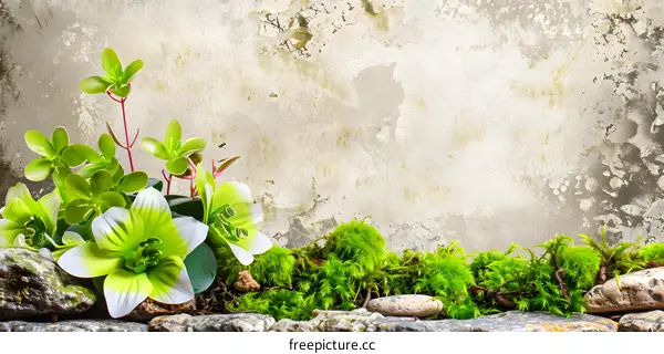 Green Flowers and Moss on Stone Wall