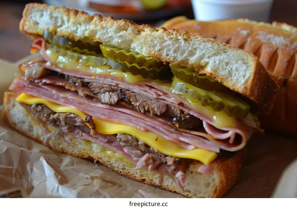 A close-up image of a Cuban sandwich with ham, cheese, and pickles