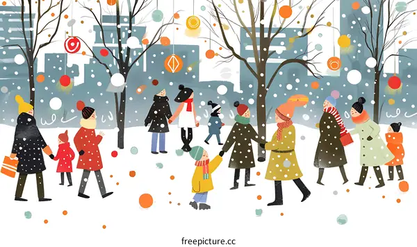 Winter Wonderland Illustration with People Walking in Snow