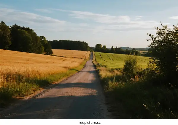 A peaceful country road surrounded by golden fields and green pastures
