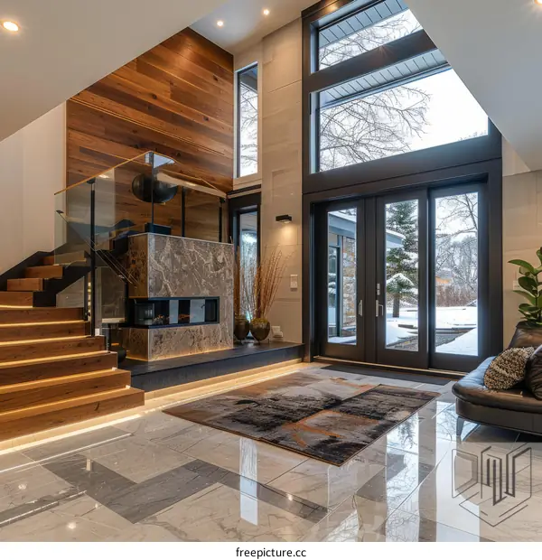 Modern house interior living room with fireplace and big windows