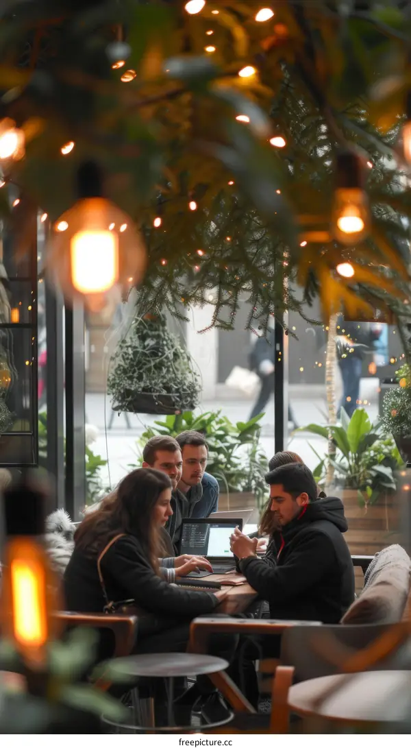 Four people sitting at a table in a restaurant looking at a laptop