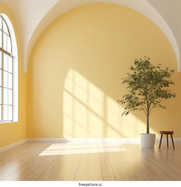 Bright yellow room with a potted tree