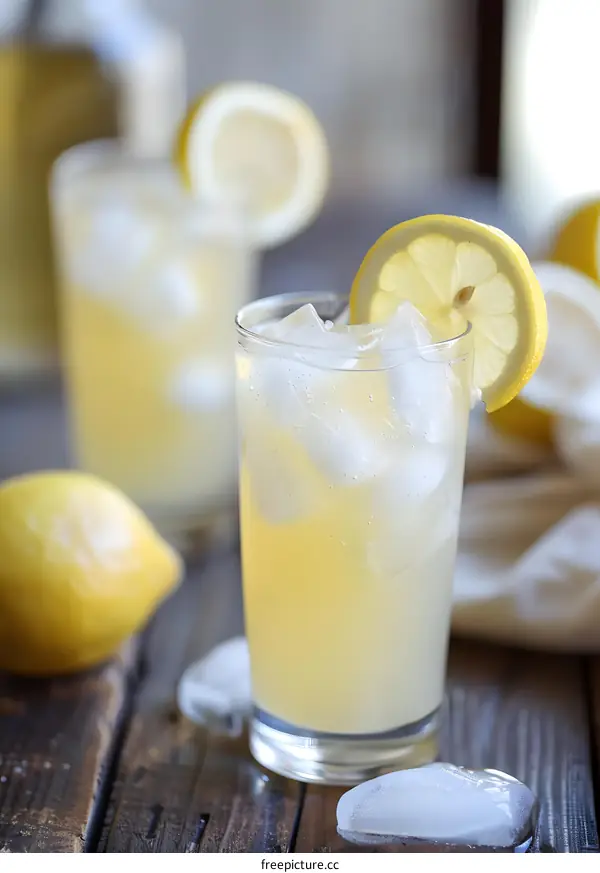 Refreshing Lemonade with Ice and Lemon Slices on a Wooden Table