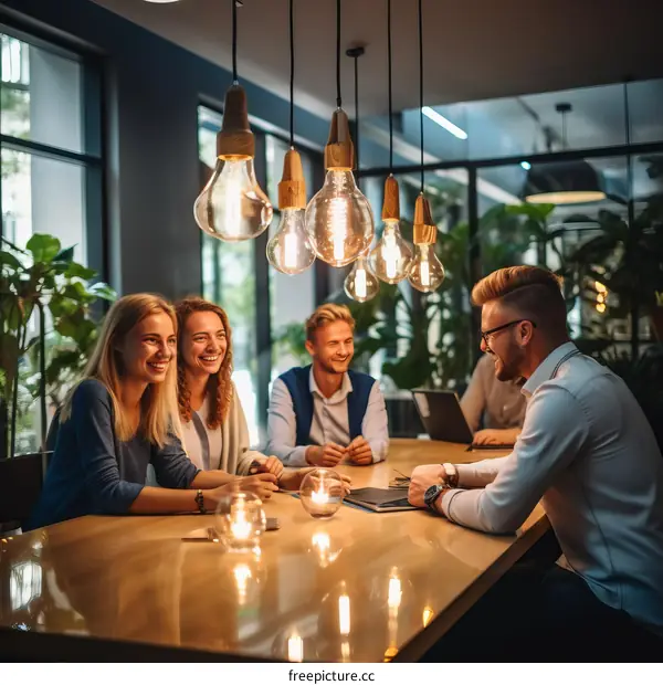 Four people are sitting around a table in a restaurant.