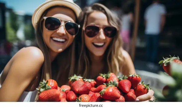 Two happy young women with sunglasses and a basket of strawberries
