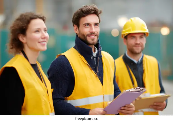 Three Workers in Safety Gear at a Construction Site