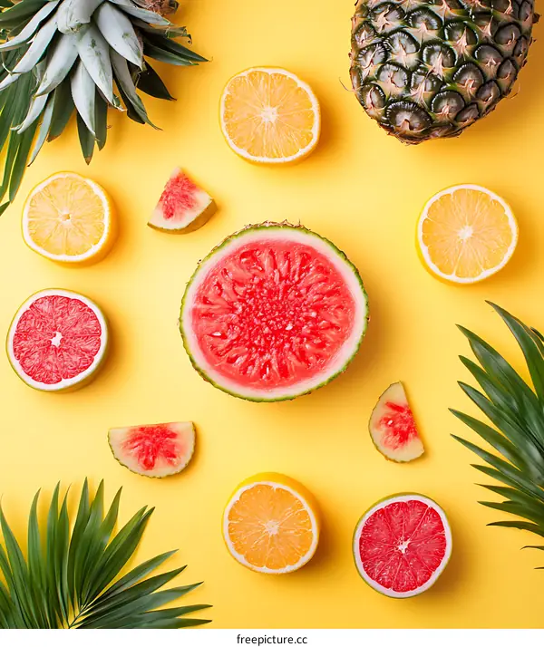 Summer Fruits Flat Lay Photography with Yellow Background