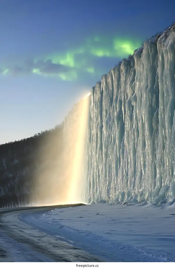 Frozen Waterfall with Aurora Borealis