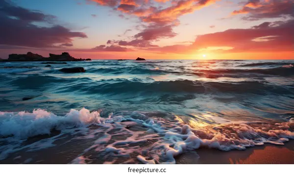 Sunset over the ocean with waves crashing on the shore