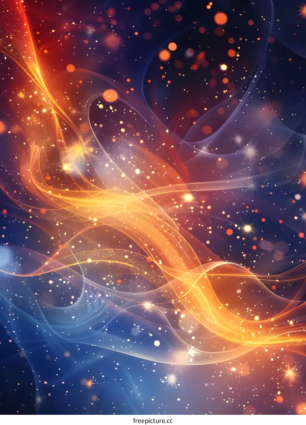 Abstract blue and orange glowing light curves and sparkles on dark background