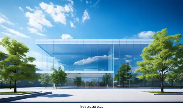 Modern glass office building with trees