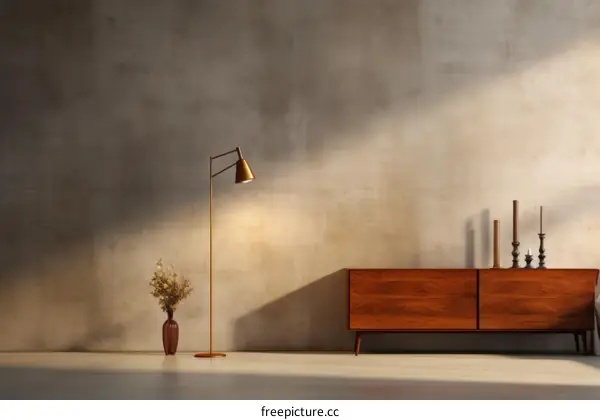 Retro floor lamp and mid-century modern credenza in front of a concrete wall