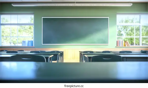 Empty Classroom with Green Chalkboard and Sunlight