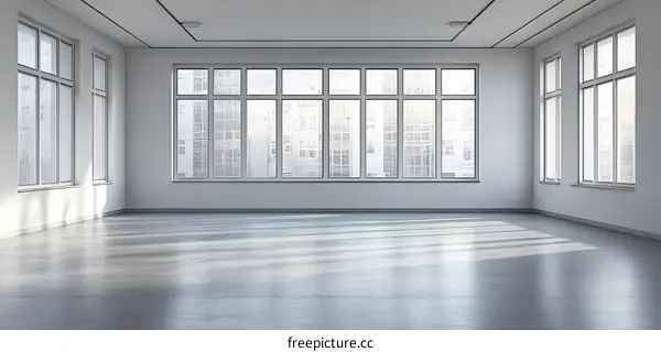 Modern Empty Room Interior Design with Large Windows and Concrete Floor